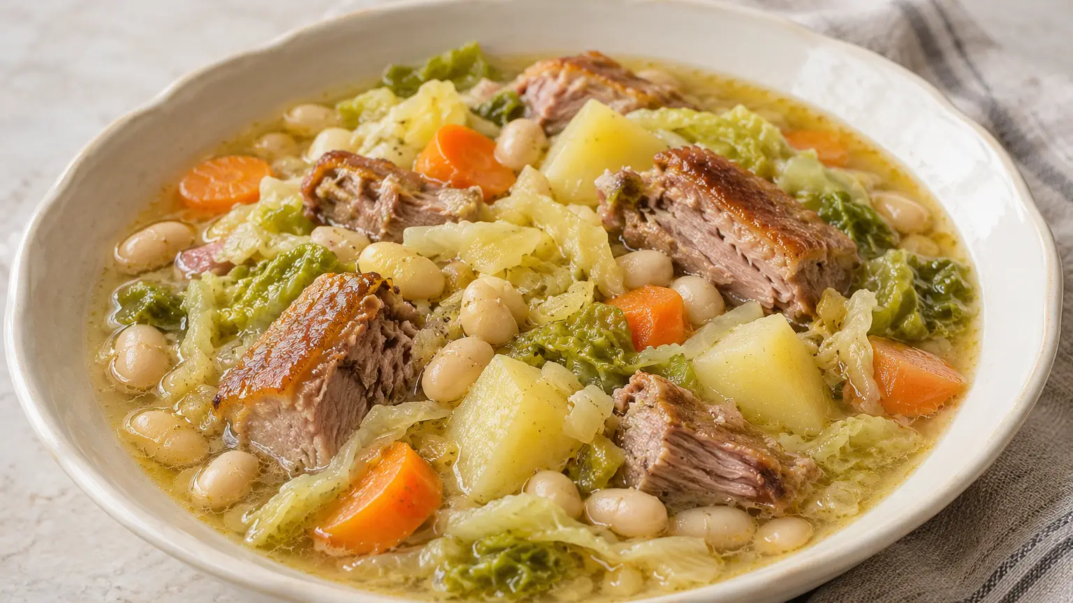 Thick soup with white beans, Savoy cabbage, potatoes, and pieces of duck confit