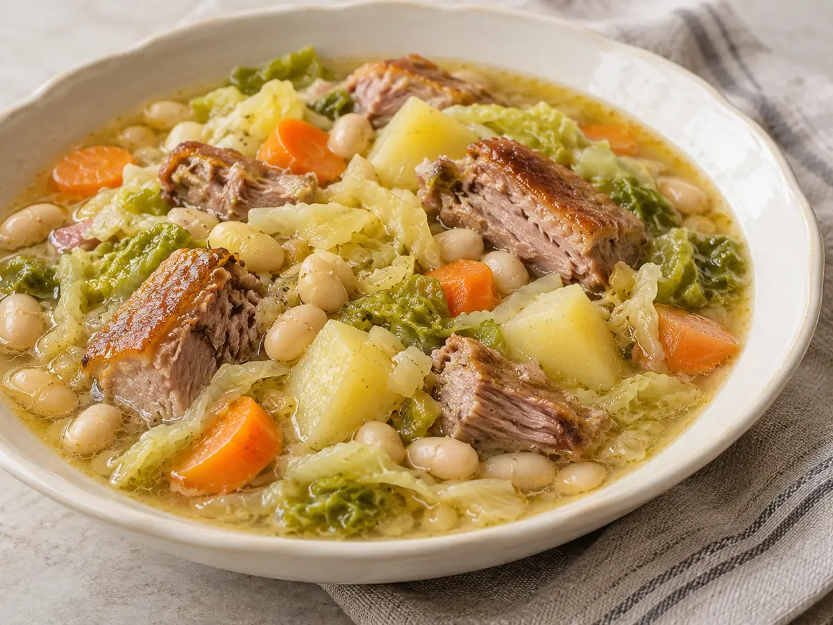 French soup with beans, cabbage, and duck confit
