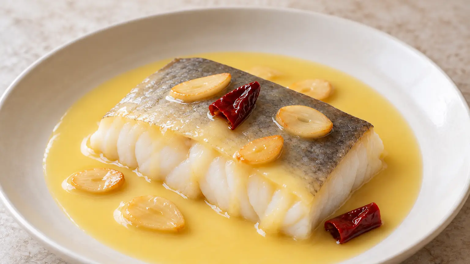 Bacalao al pil-pil with cod in a pale golden emulsion, garlic slices and red chili