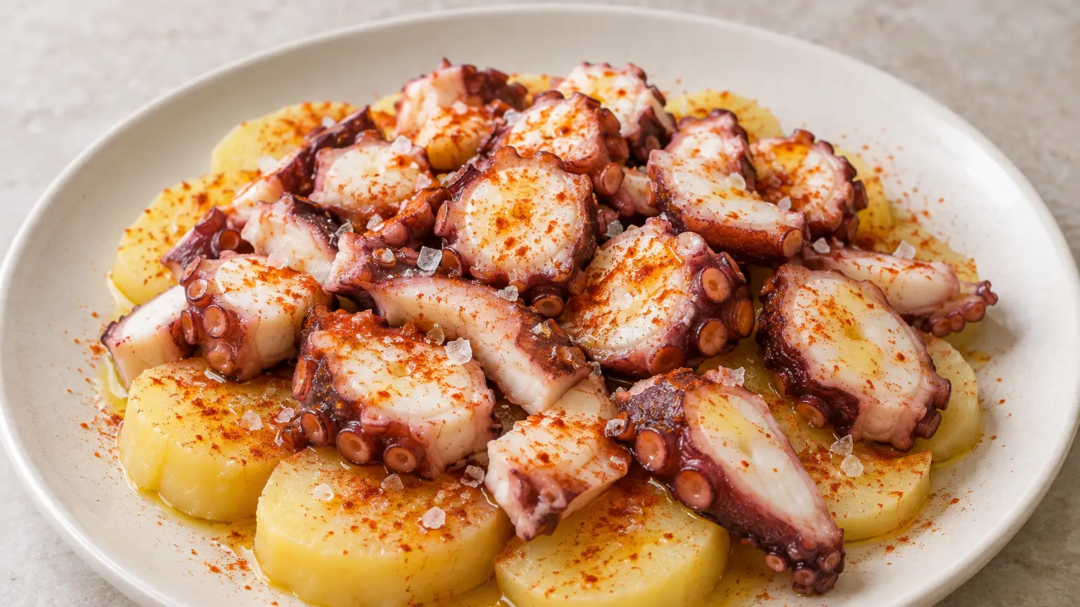 Pulpo a la gallega with sliced octopus, boiled potatoes, olive oil and red paprika