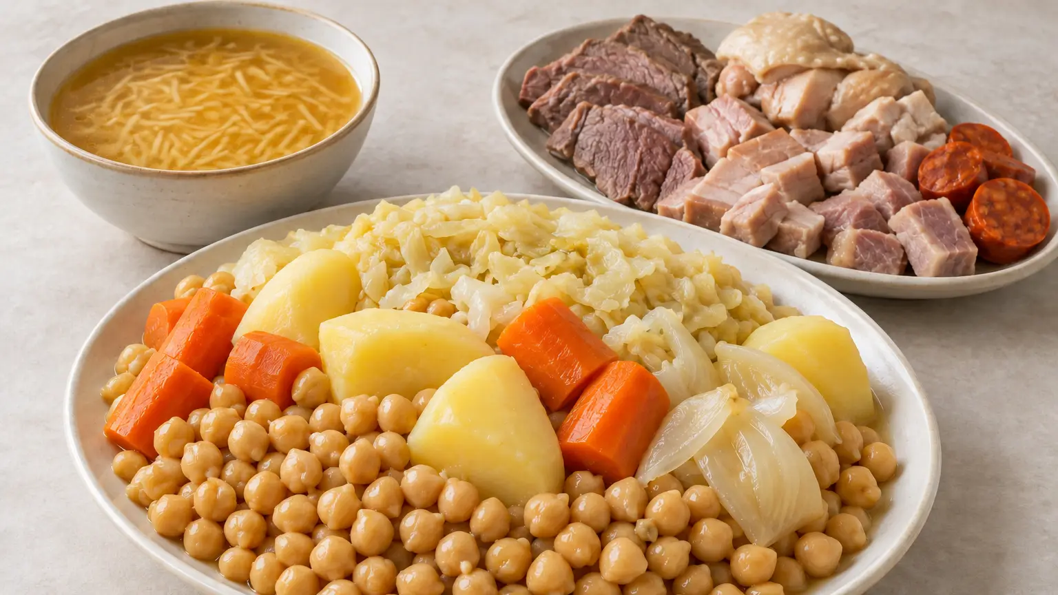Cocido madrileño with chickpeas, potatoes, cabbage, assorted meats and a bowl of noodle soup