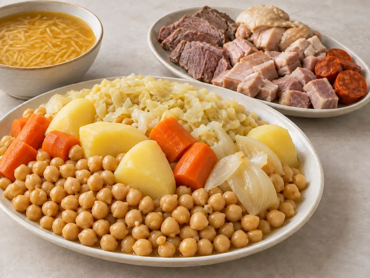 Cocido madrileño — chickpeas with meat and vegetables