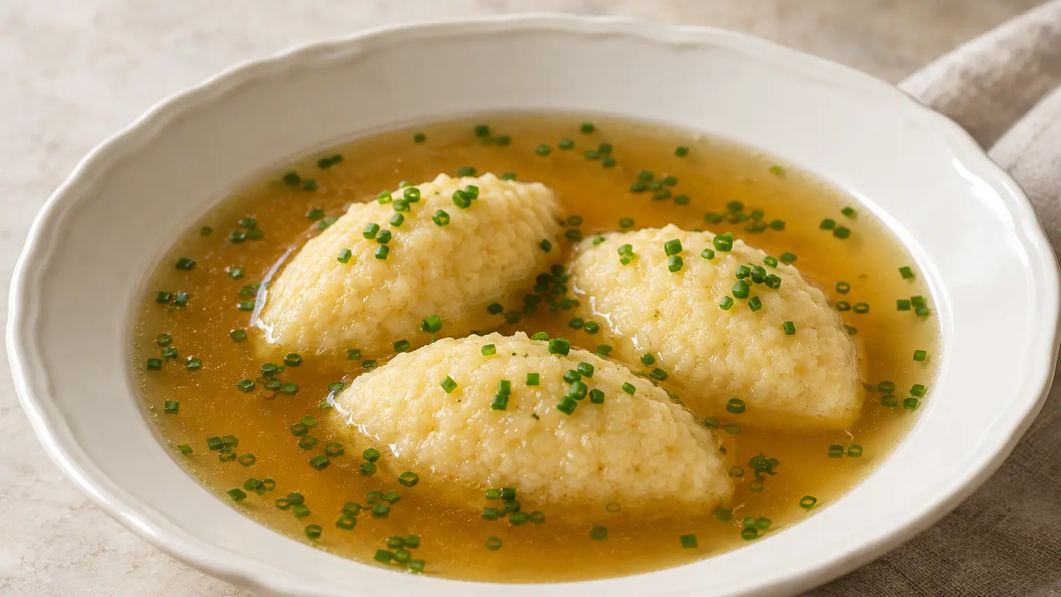 Beef broth with oblong semolina dumplings and finely chopped chives
