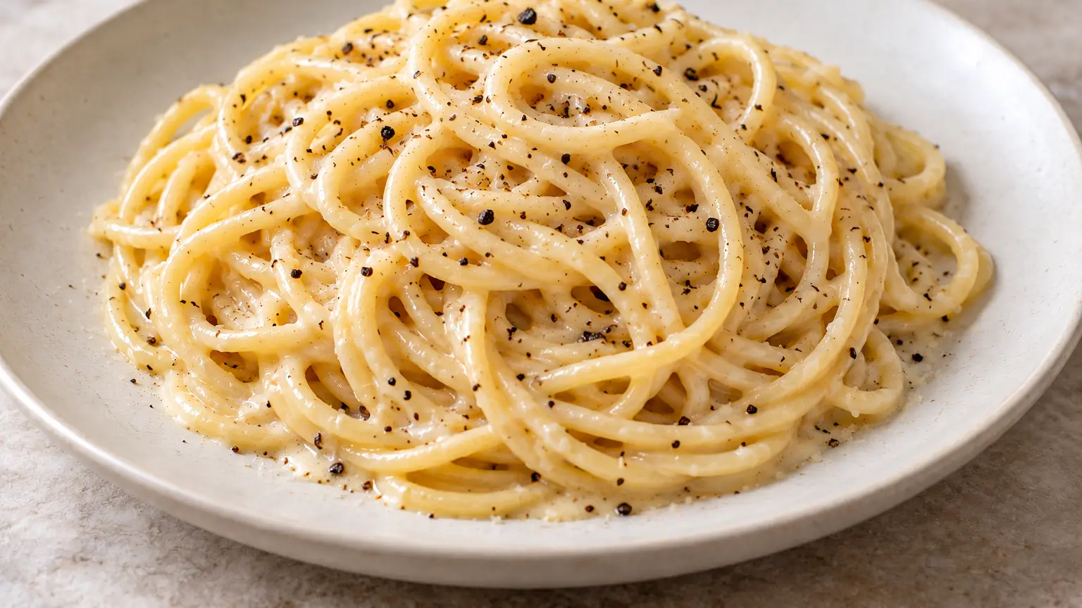 Spaghetti cacio e pepe coated in creamy pecorino sauce and sprinkled with black pepper