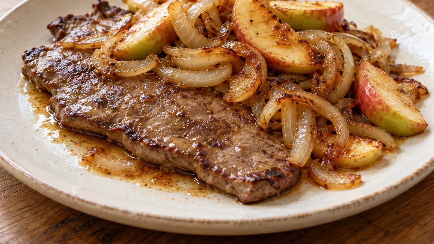 A calf liver slice with golden onions, fried skin-on apples, and buttery pan sauce