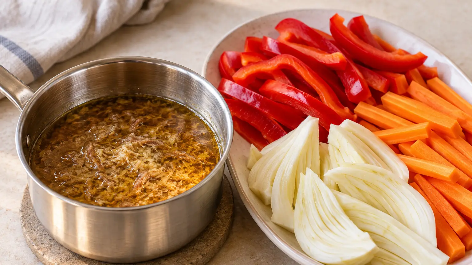 Warm brownish anchovy, garlic, and olive oil dip beside raw bell pepper, carrots, and fennel