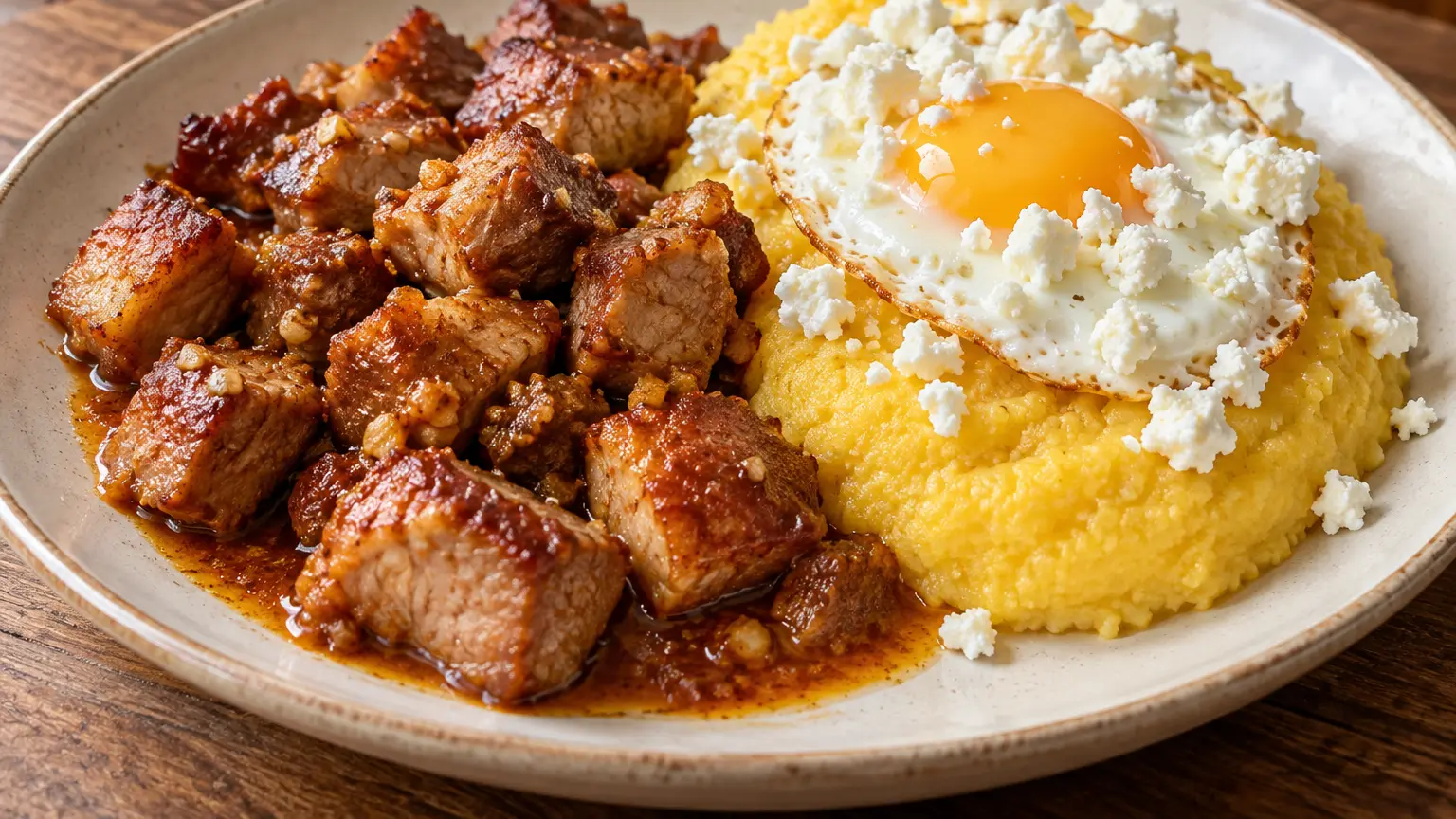 Romanian tochitură with pork in reduced sauce, mămăligă, a fried egg, and crumbled cheese