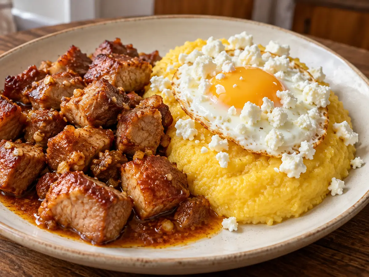 Tochitură — Pork with Mămăligă and Fried Eggs