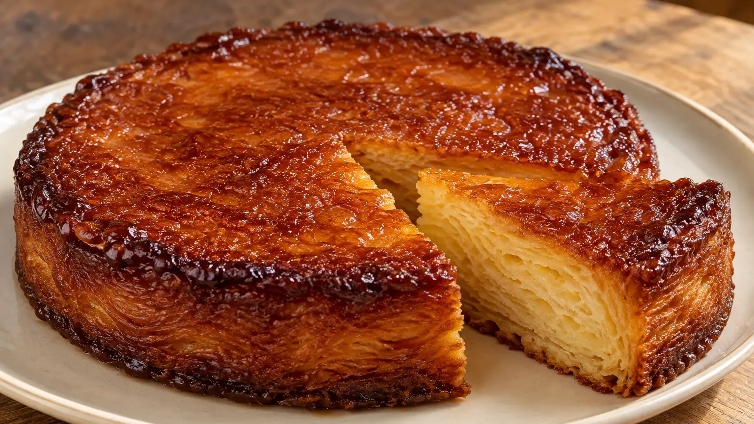 Ein runder Kouign-amann mit bernsteinfarbener Karamellkruste und sichtbaren buttrigen Teigschichten