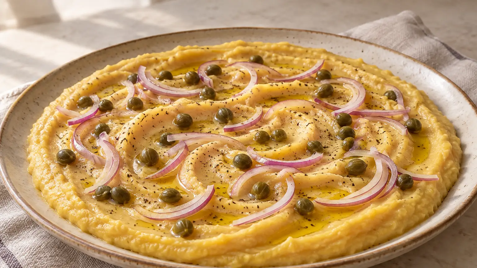 Smooth yellow split pea spread, red onion, capers and olive oil on a shallow platter