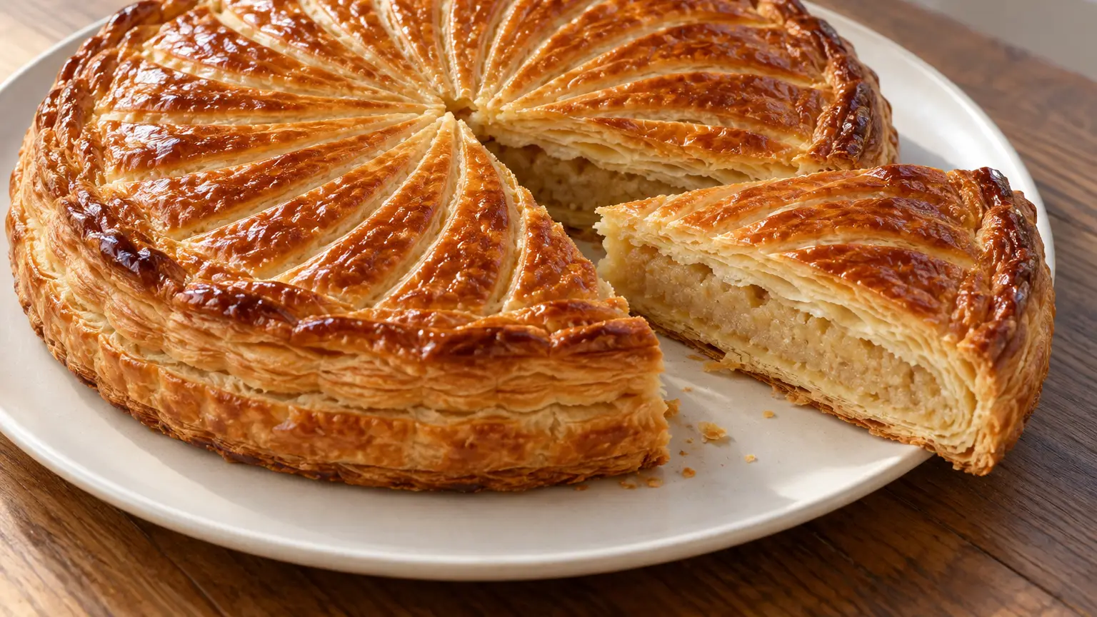 Round golden galette des rois with a delicate pattern and visible almond filling
