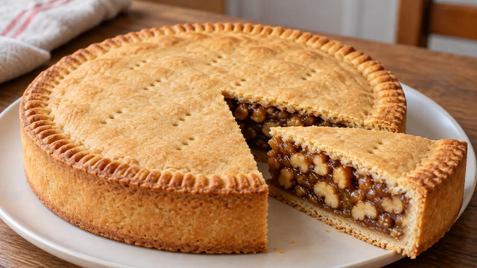 Round Bündner Nusstorte with a golden shortcrust lid and exposed walnut caramel filling
