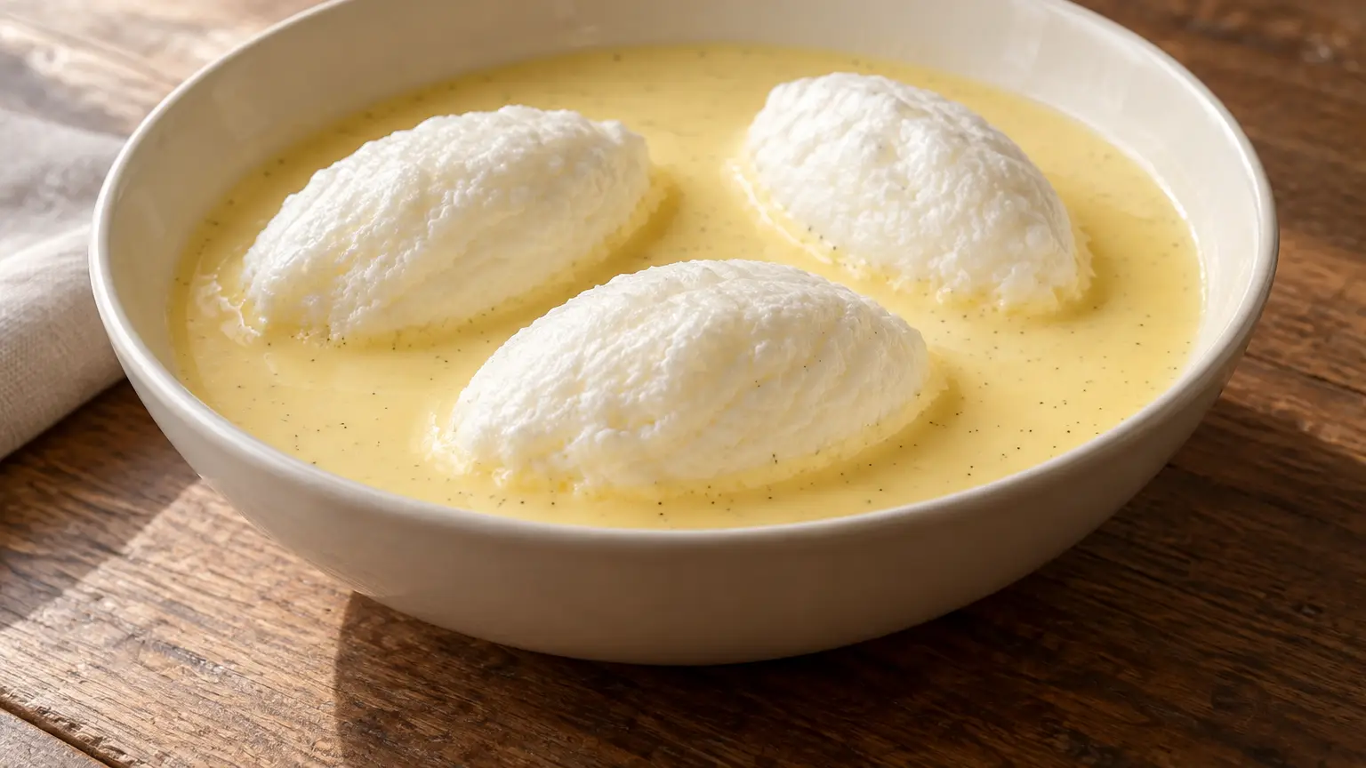 Three white poached meringues floating on smooth custard speckled with vanilla seeds