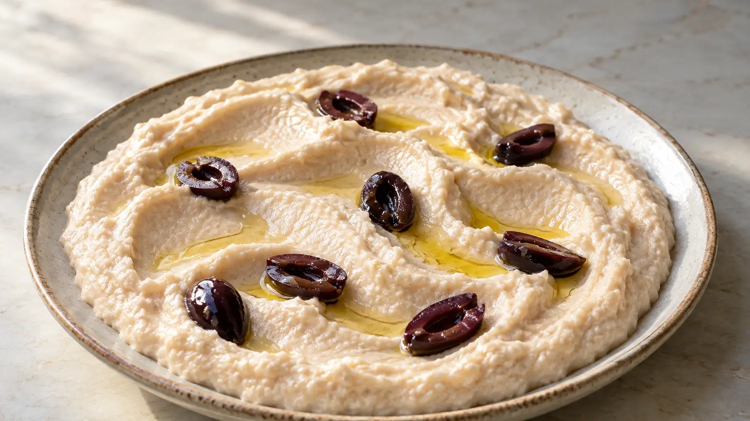 Pale roe spread on a shallow plate, with an olive oil drizzle and halved Kalamata olives