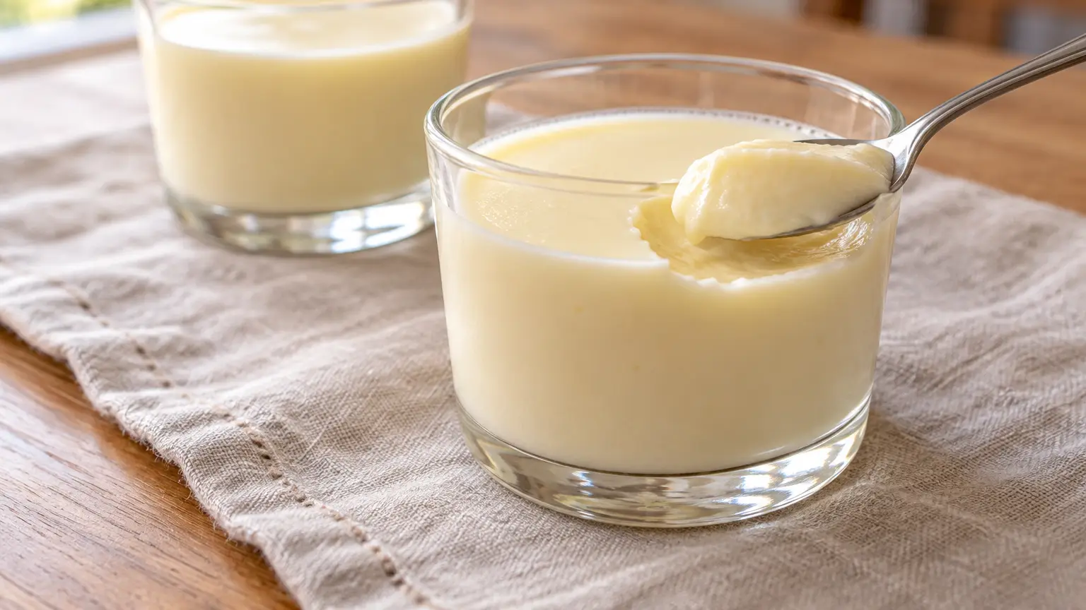 Smooth pale lemon posset in a small glass dish with a spoonful lifted out