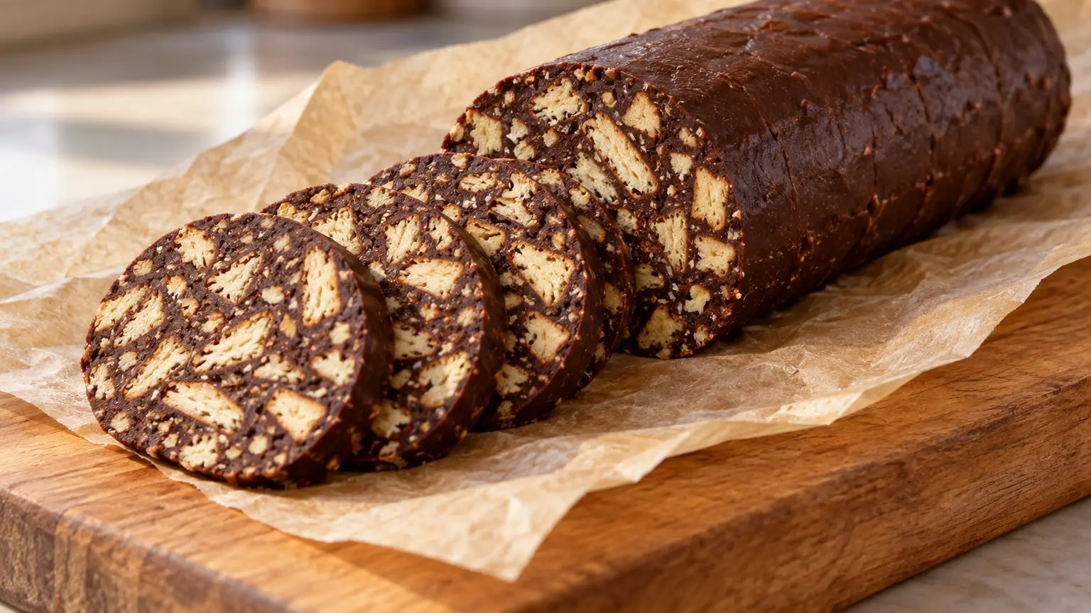 Dark chocolate salami sliced into rounds with pale biscuit pieces visible inside