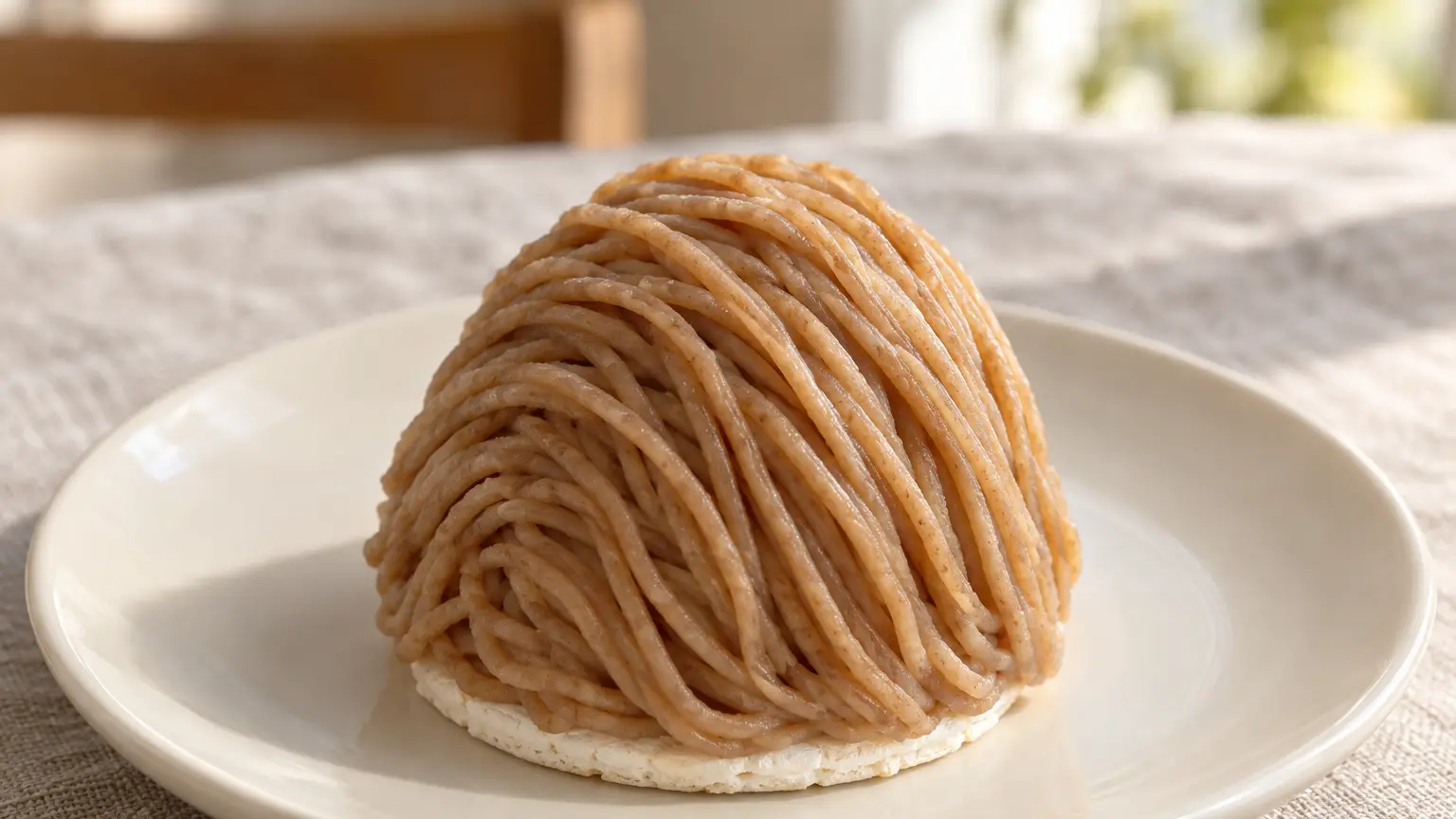 Small Mont Blanc with a dome of chestnut strands on a pale meringue base