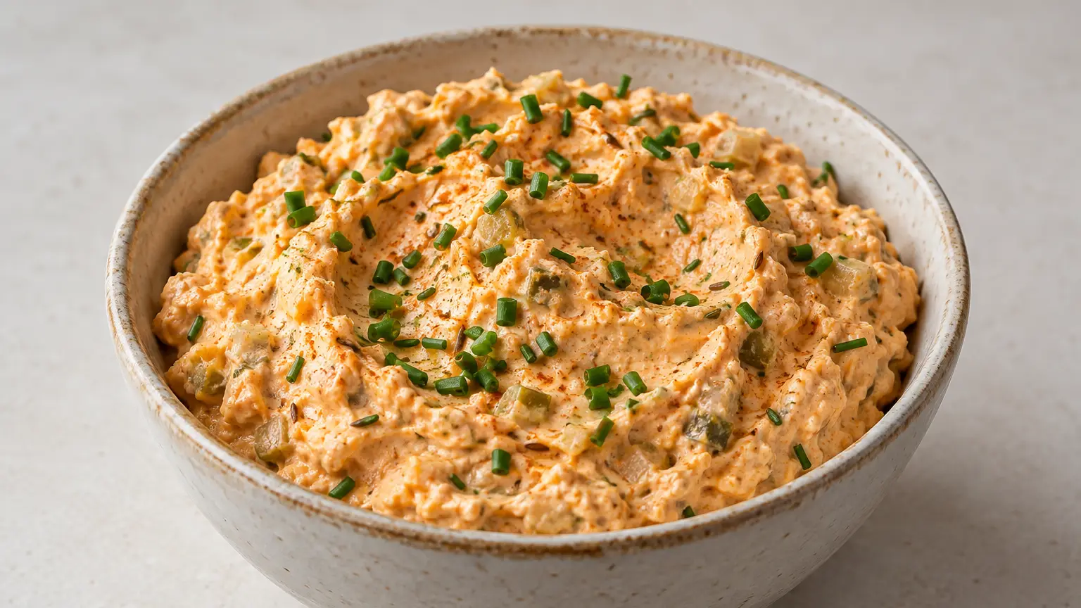 Orange cheese spread with tiny cucumber and caper pieces, topped with chives in a small bowl