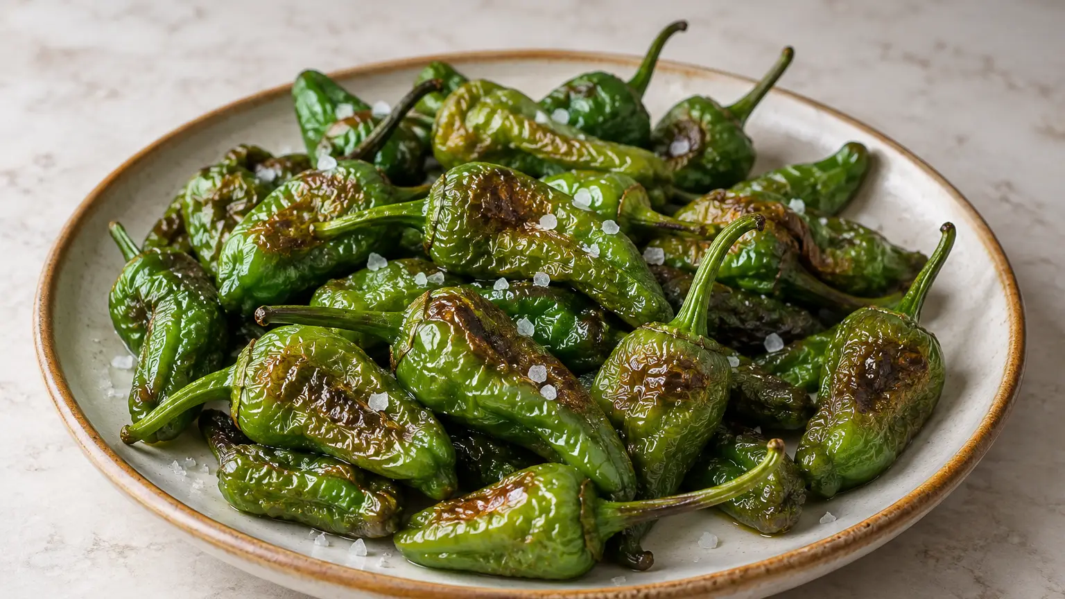 Green Padrón peppers with wrinkled, partly browned skin and coarse salt crystals on a plate