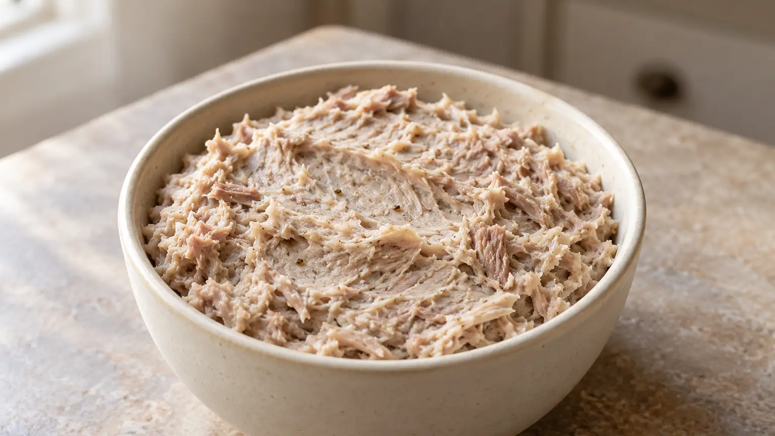 Small ceramic bowl of pale pork spread with distinct meat fibers and a soft knife mark