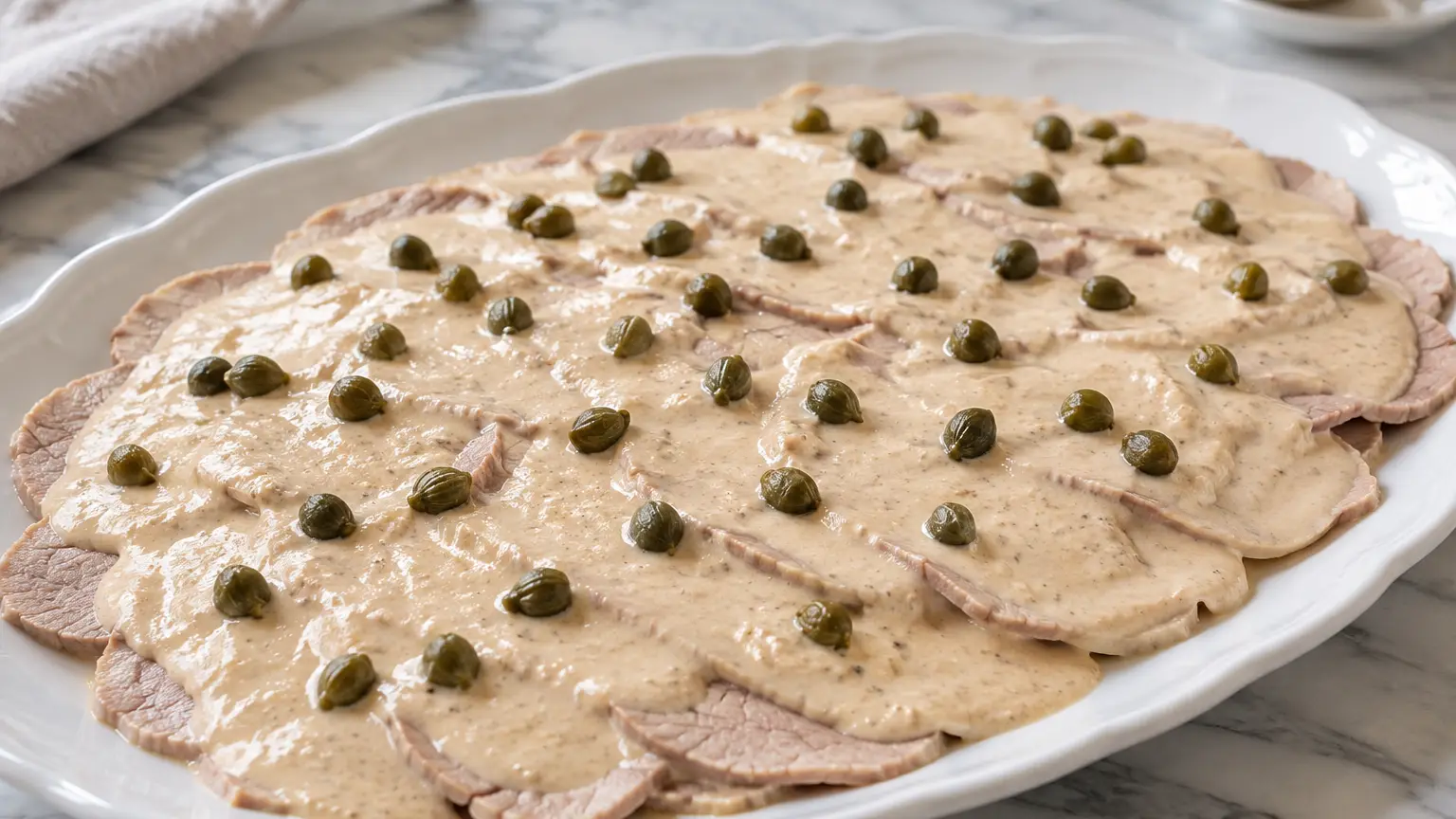 Thin veal slices on a platter beneath pale creamy tuna sauce topped with capers