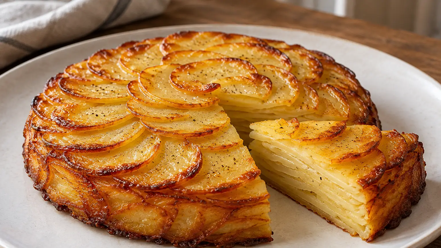 Golden potato cake with a rosette on top and a slice cut out revealing thin layers