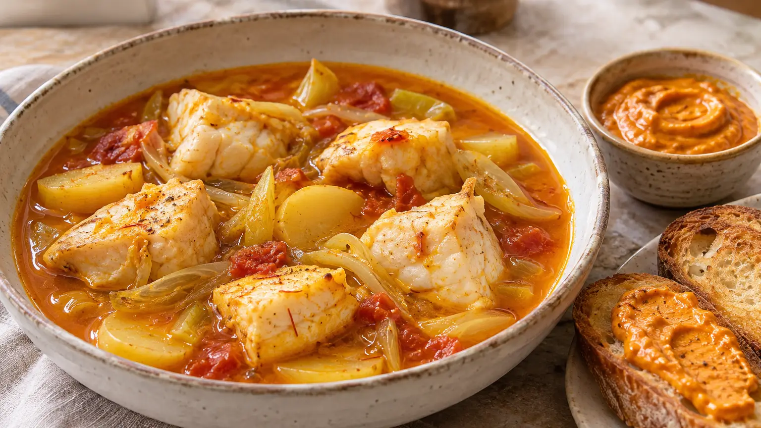 Bouillabaisse with fish pieces, potatoes, and fennel in saffron broth alongside rouille toasts