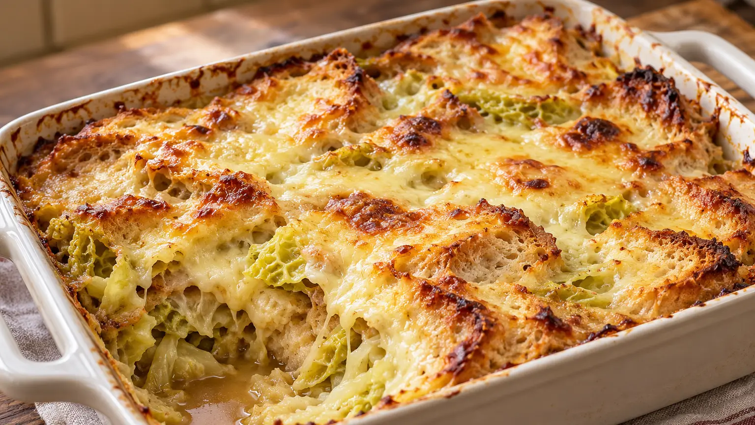 Gegratineerde soep met lagen brood en savooiekool onder een goudbruin korstje van fontina