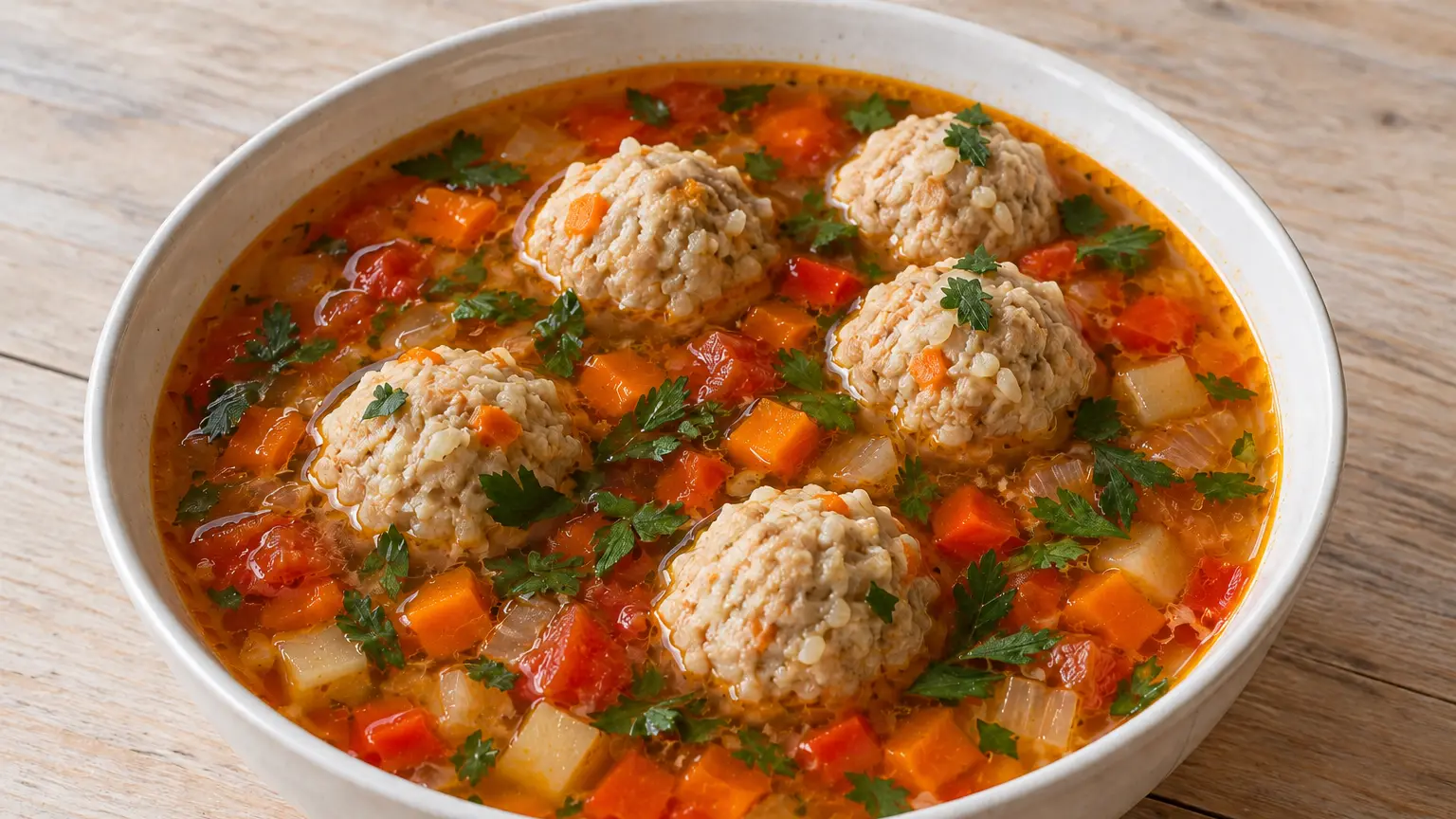 Ciorbă met een lichte tomatensmaak, vijf gehaktballetjes met rijst, fijne groenten en verse lavas