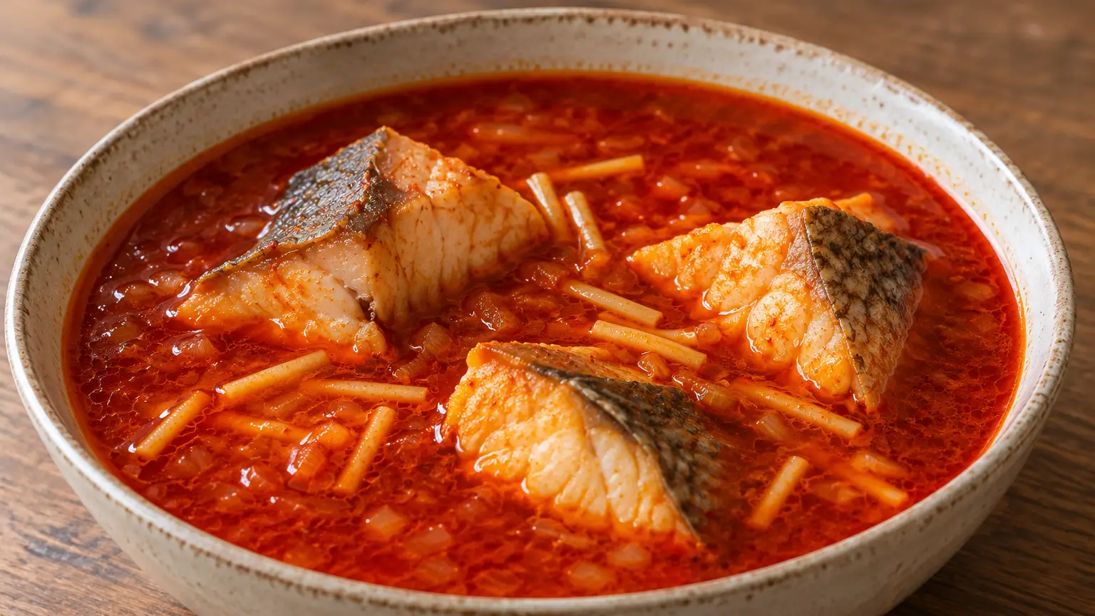 Zuppa rossa alla paprica con grandi pezzi di carpa e pasta corta all'uovo
