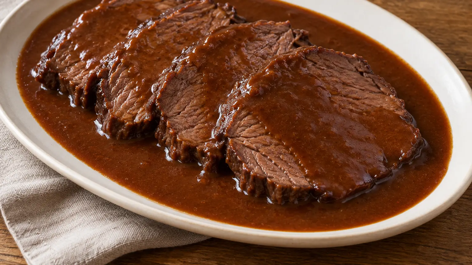 Fette di arrosto di manzo marinato coperte da salsa scura liscia su un piatto singolo