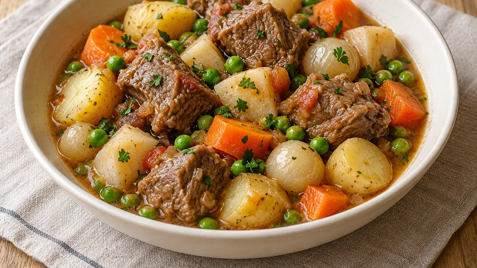 Pezzi di agnello stufati con patate novelle, rape bianche, carote e piselli verdi