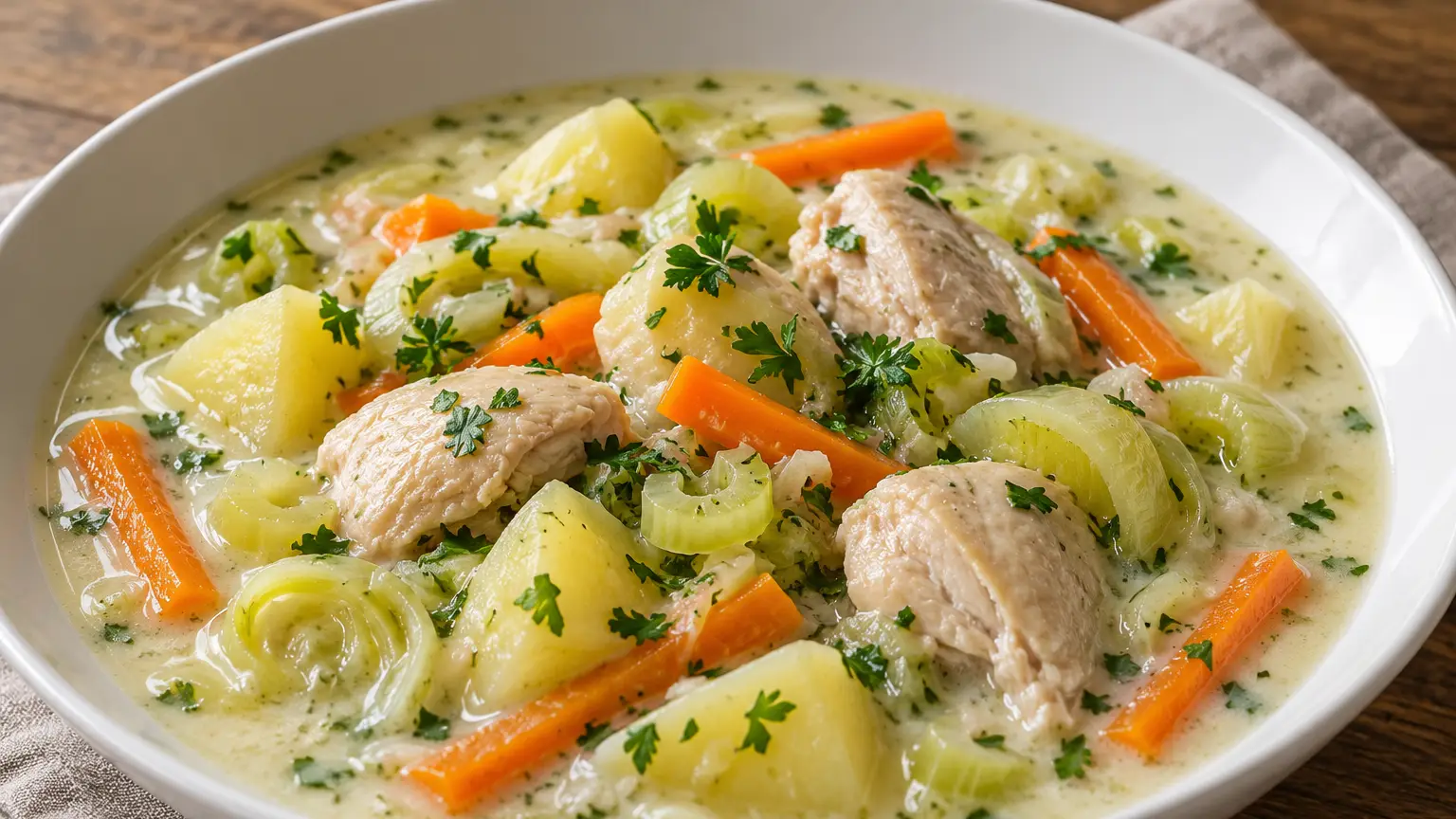 Pezzi di pollo con porri, carote e patate in un brodo cremoso al prezzemolo