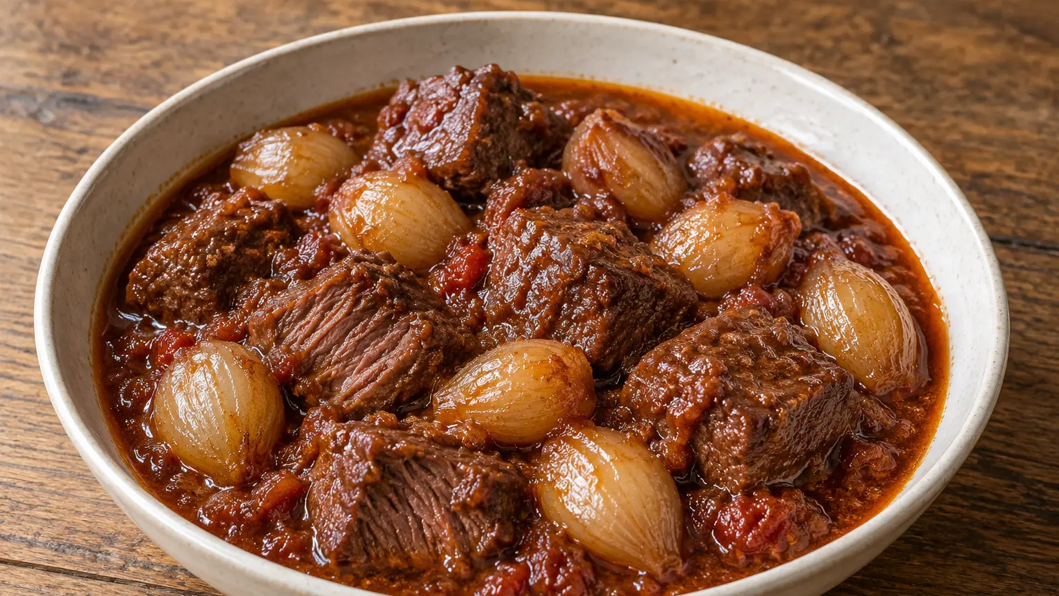 Pezzi di manzo stufati e piccoli scalogni interi in una salsa lucida di colore rosso scuro