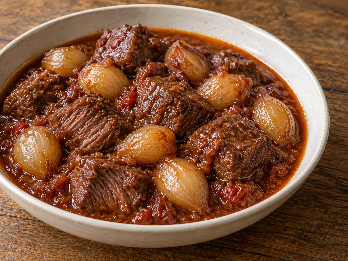 Stifado — manzo stufato con piccoli scalogni e spezie