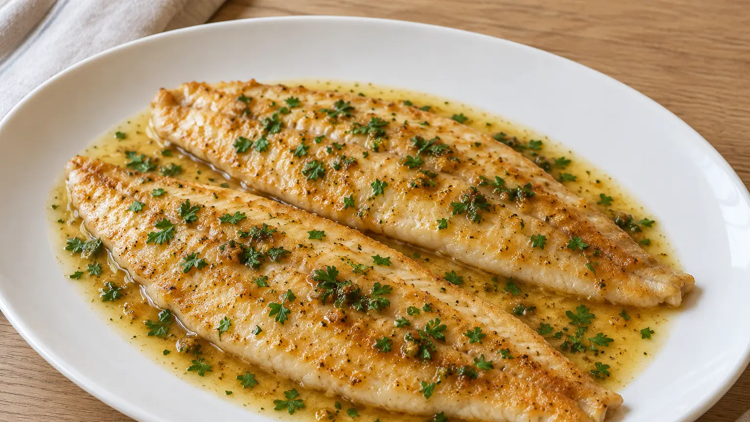 Twee dunne tongfilets met een licht goudgeel laagje en gebruinde boter met peterselie