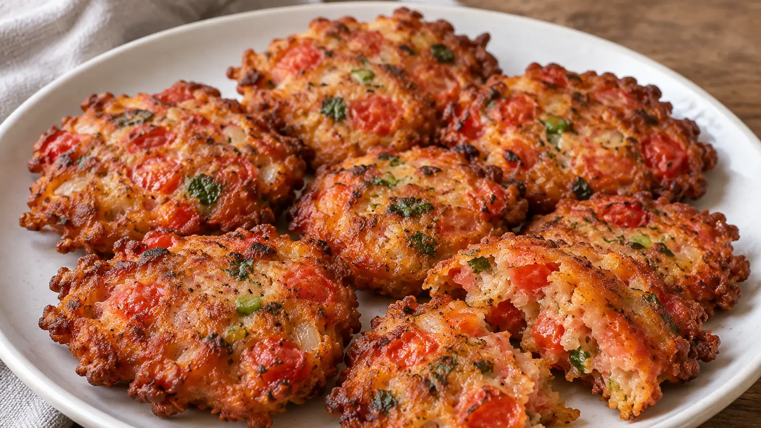 Krokante tomatenkoekjes met goudbruine randen en zichtbare stukjes kruiden