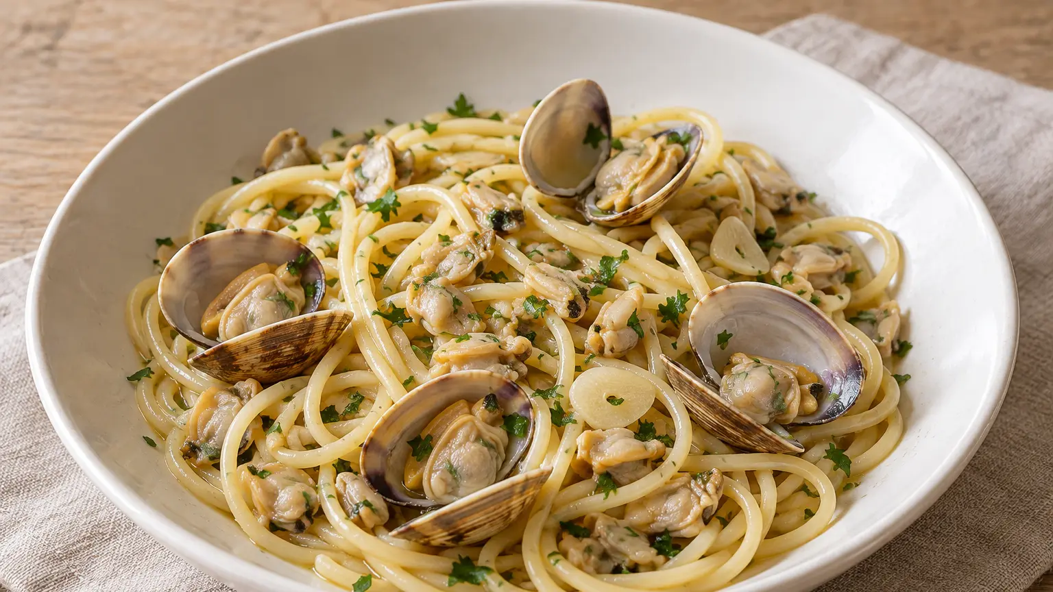 Spaghetti met venusschelpen, open schelpen, plakjes knoflook en fijngehakte verse peterselie
