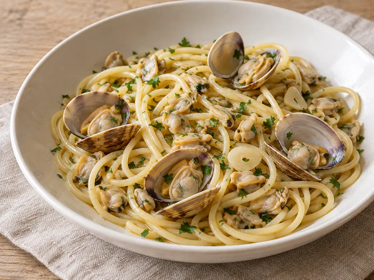 Spaghetti alle vongole — pasta met venusschelpen, knoflook en peterselie