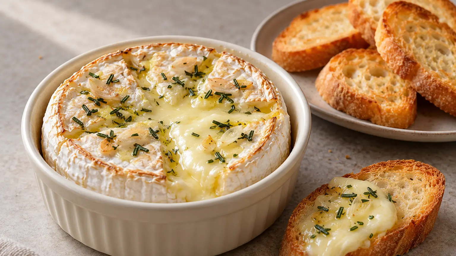 Gebakken camembert met vloeibare kern, knoflook en rozemarijn naast knapperige sneetjes stokbrood