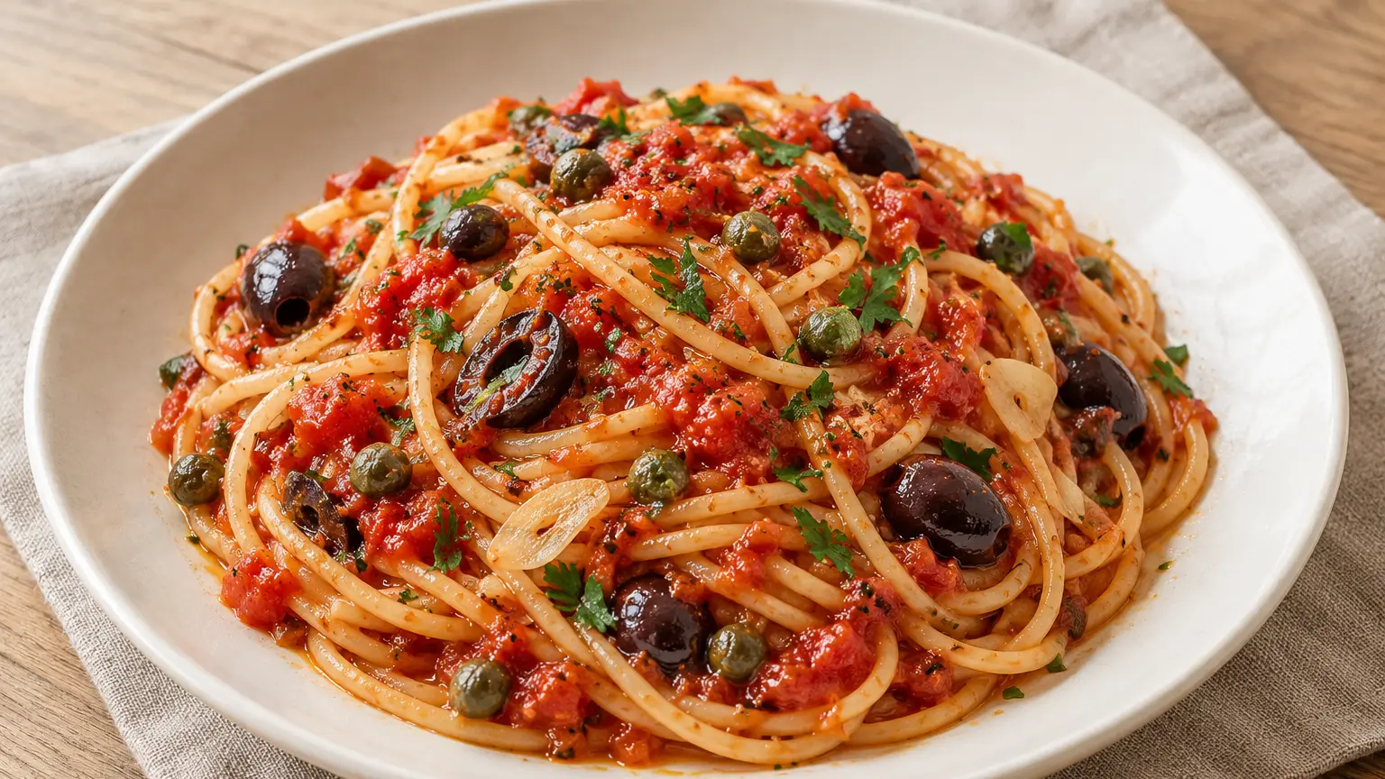 Spaghetti in rode tomatensaus met zwarte olijven, kappertjes en verse peterselie
