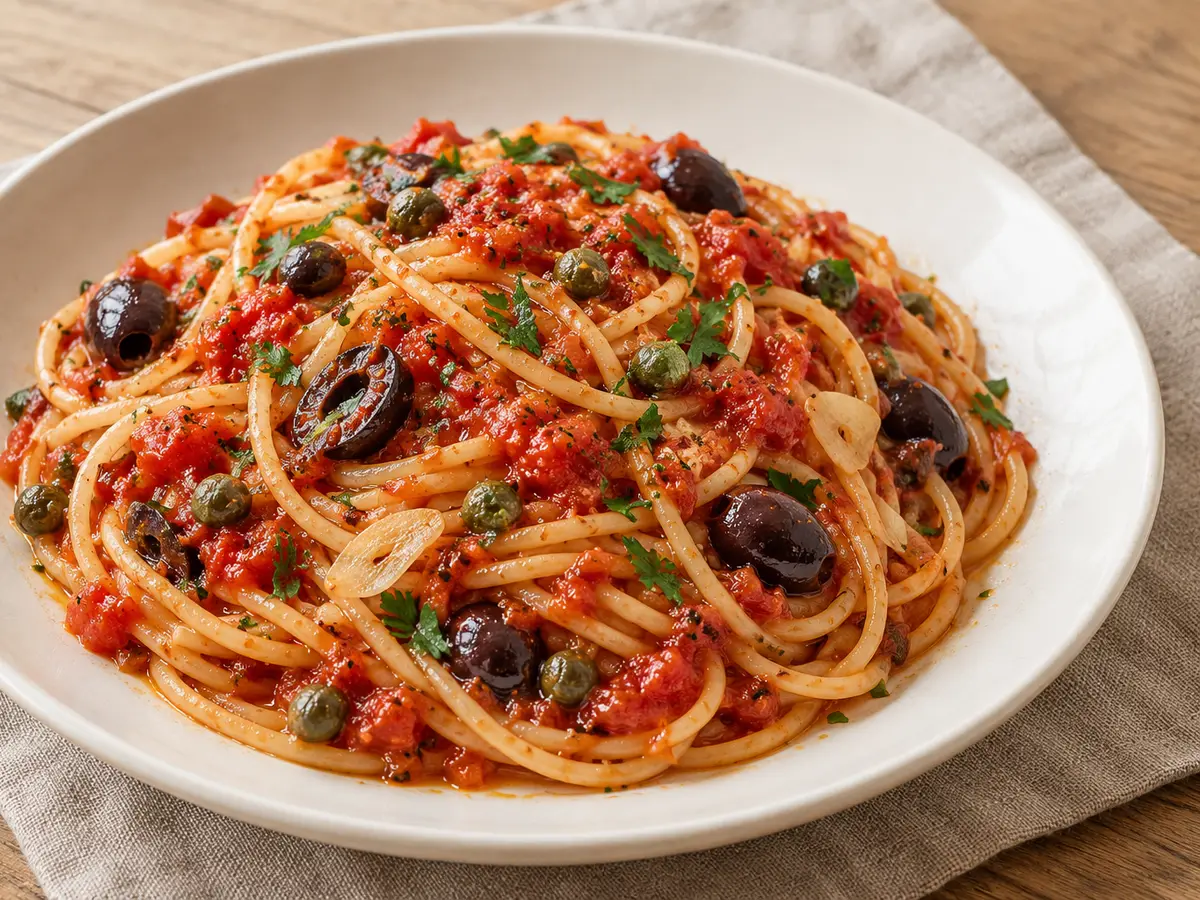 Spaghetti alla puttanesca — tomaten, olijven, kappertjes en ansjovis