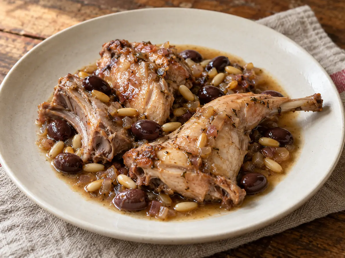 Coniglio alla ligure — konijn met olijven, wijn en pijnboompitten