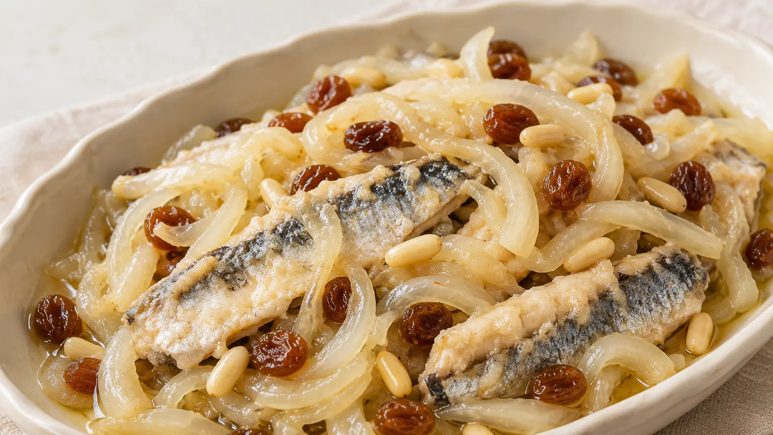Sardine disposte a strati con cipolle morbide in agrodolce, uvetta e pinoli