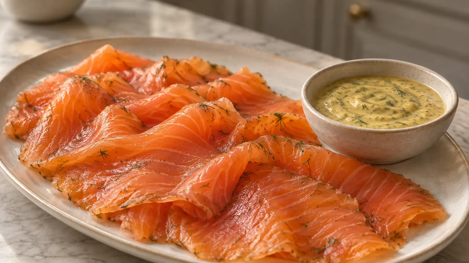 Fette sottili di gravlax con una ciotolina di salsa alla senape con aneto