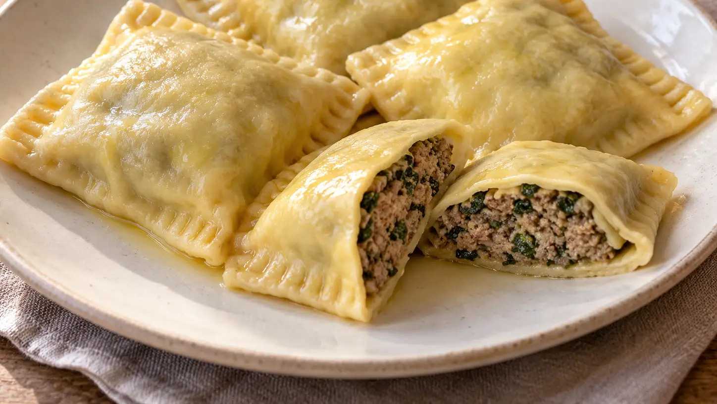 Grote Zwabische Maultaschen van dun deeg met vlees en spinazie, overgoten met boter