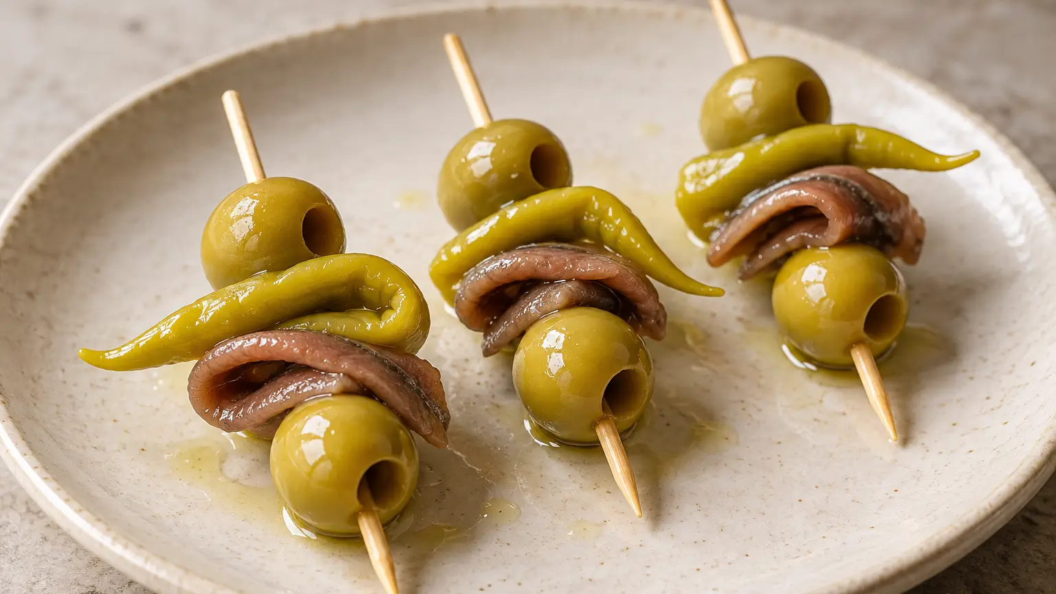 Baskische prikkers met groene olijven, gevouwen ansjovis en piparra-pepers, besprenkeld met olijfolie
