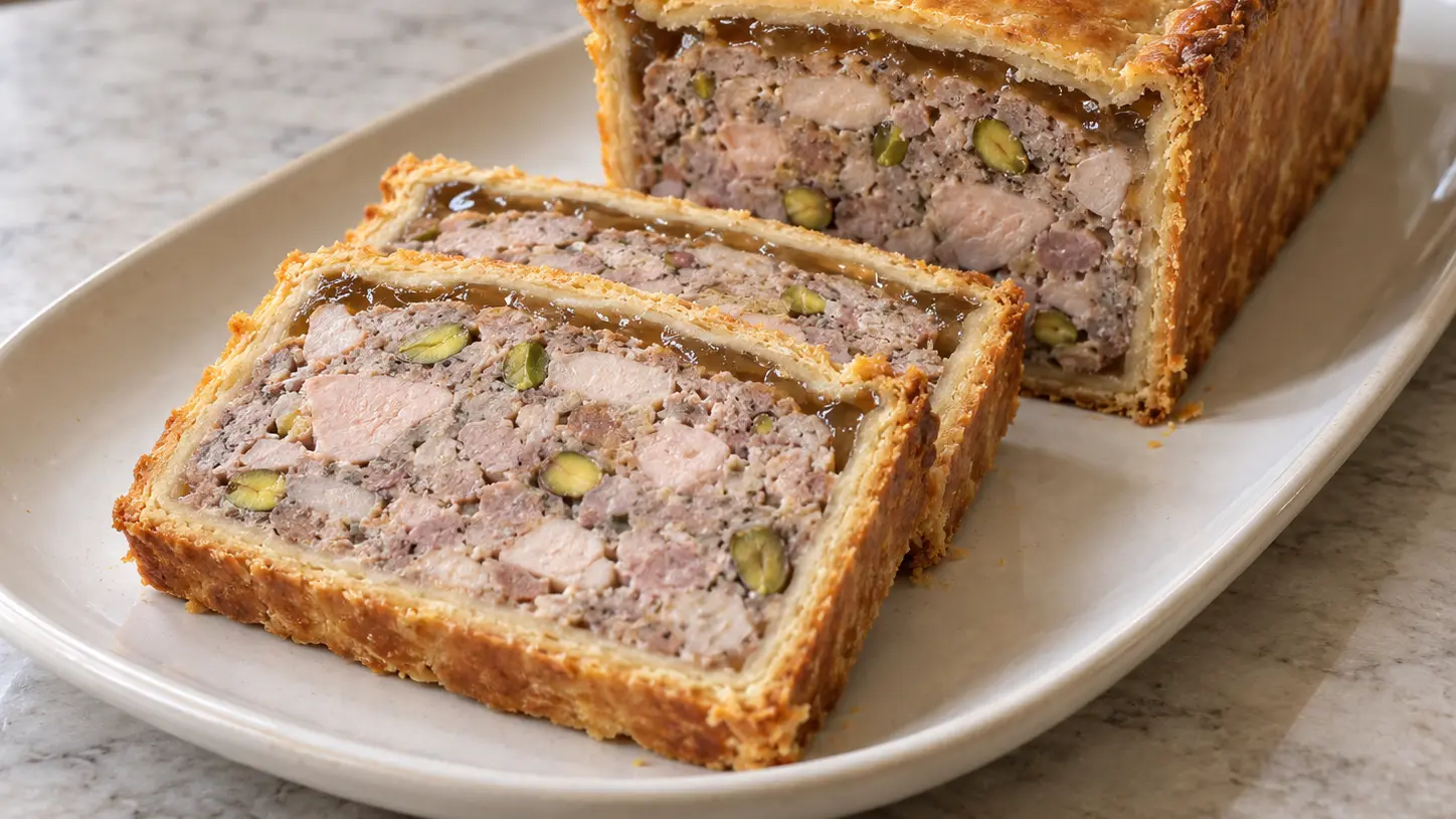 Plakken pâté en croûte met vleesvulling, groene pistachenoten en lichte bouillongelei