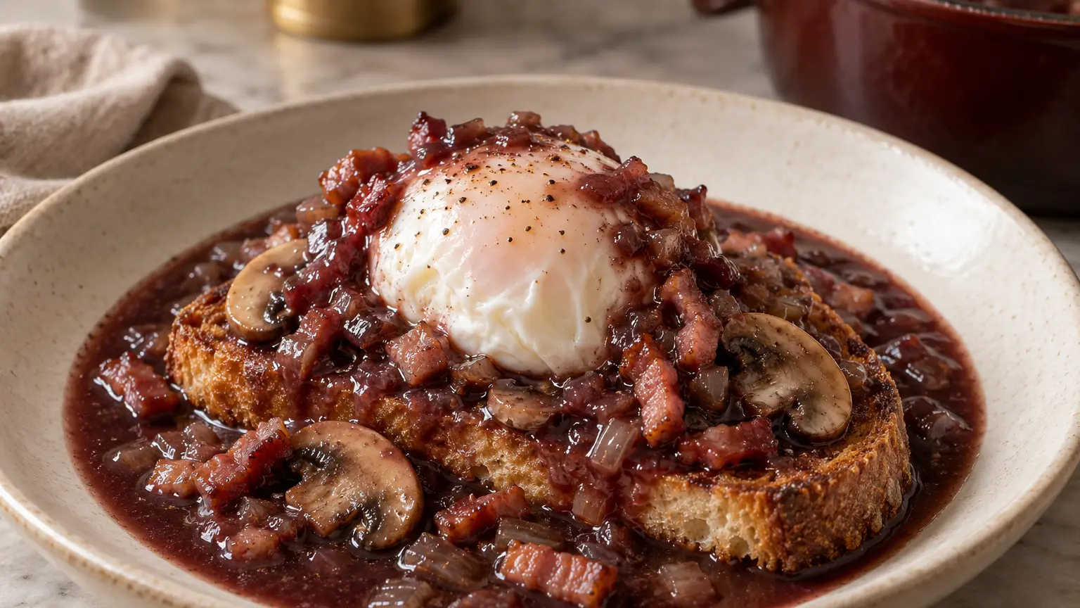 Uovo in camicia sul pane tostato con salsa al vino rosso, pancetta e champignon