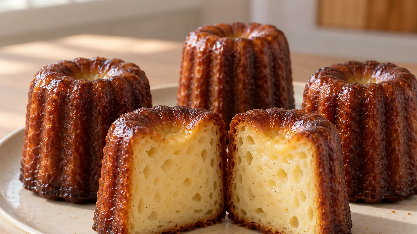 Canelés dalla crosta scura caramellata accanto a uno tagliato con cuore umido alla vaniglia